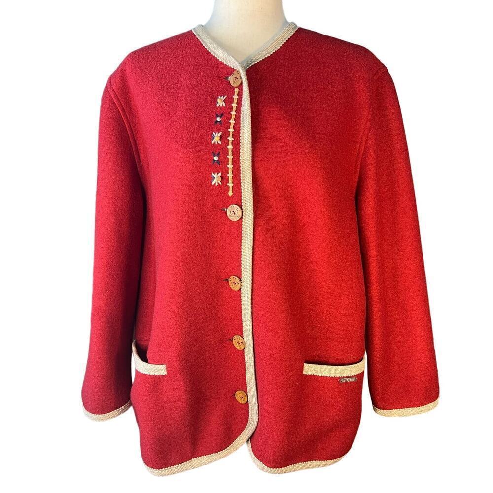 Vintage Giesswein Boiled Wool Cardigan, Embroidered Flowers, Red/Cream, size 10